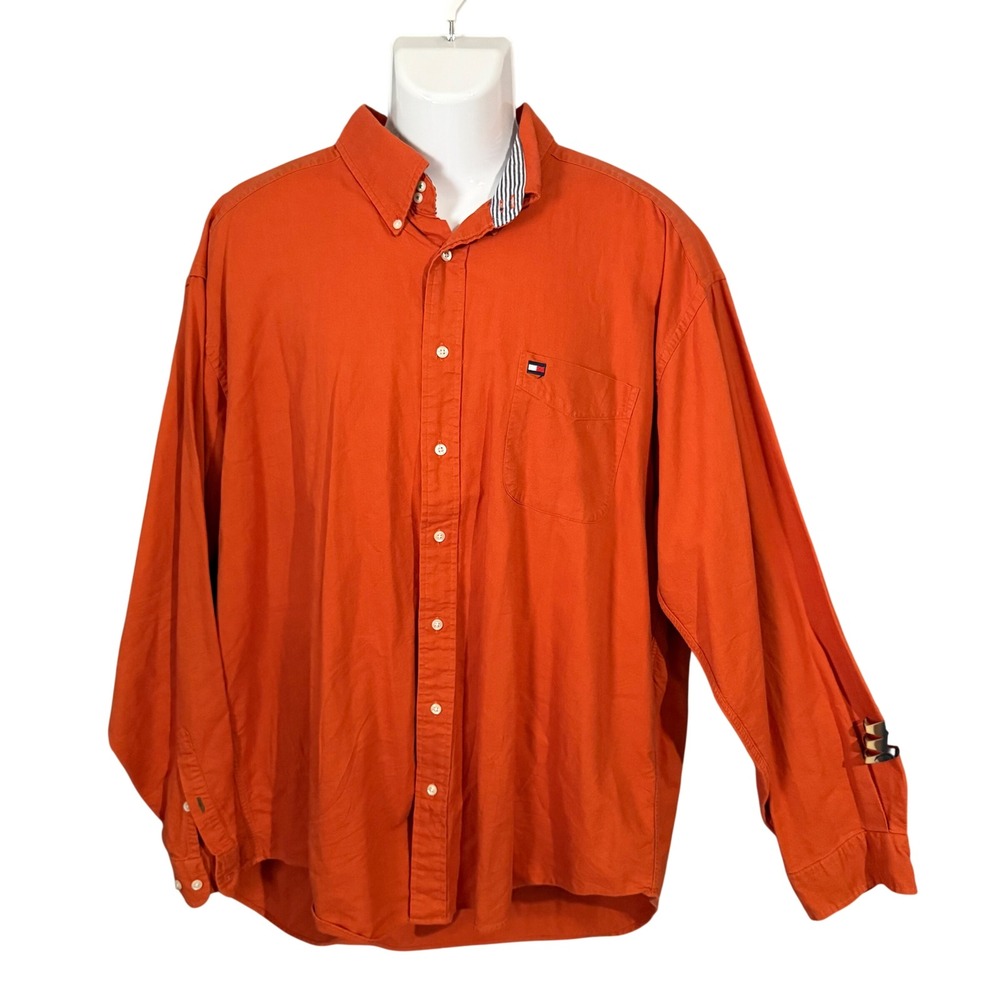 Tommy Hilfiger Button Down Shirt Mens XXL Orange Cotton Long Sleeve Logo Classic
